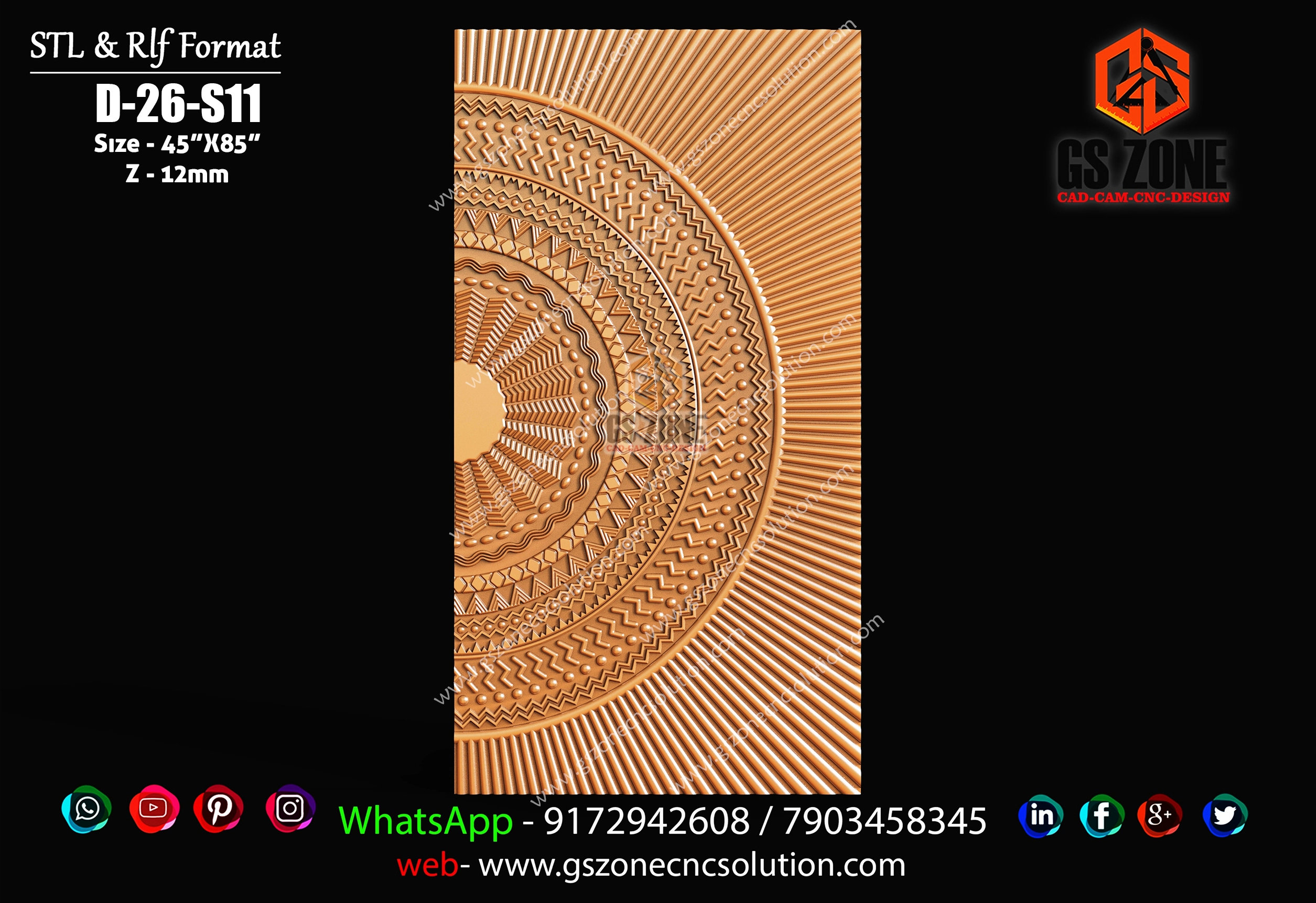 Luxury Mandala Half Circle 3D CNC Door Panel Design D-26-S11