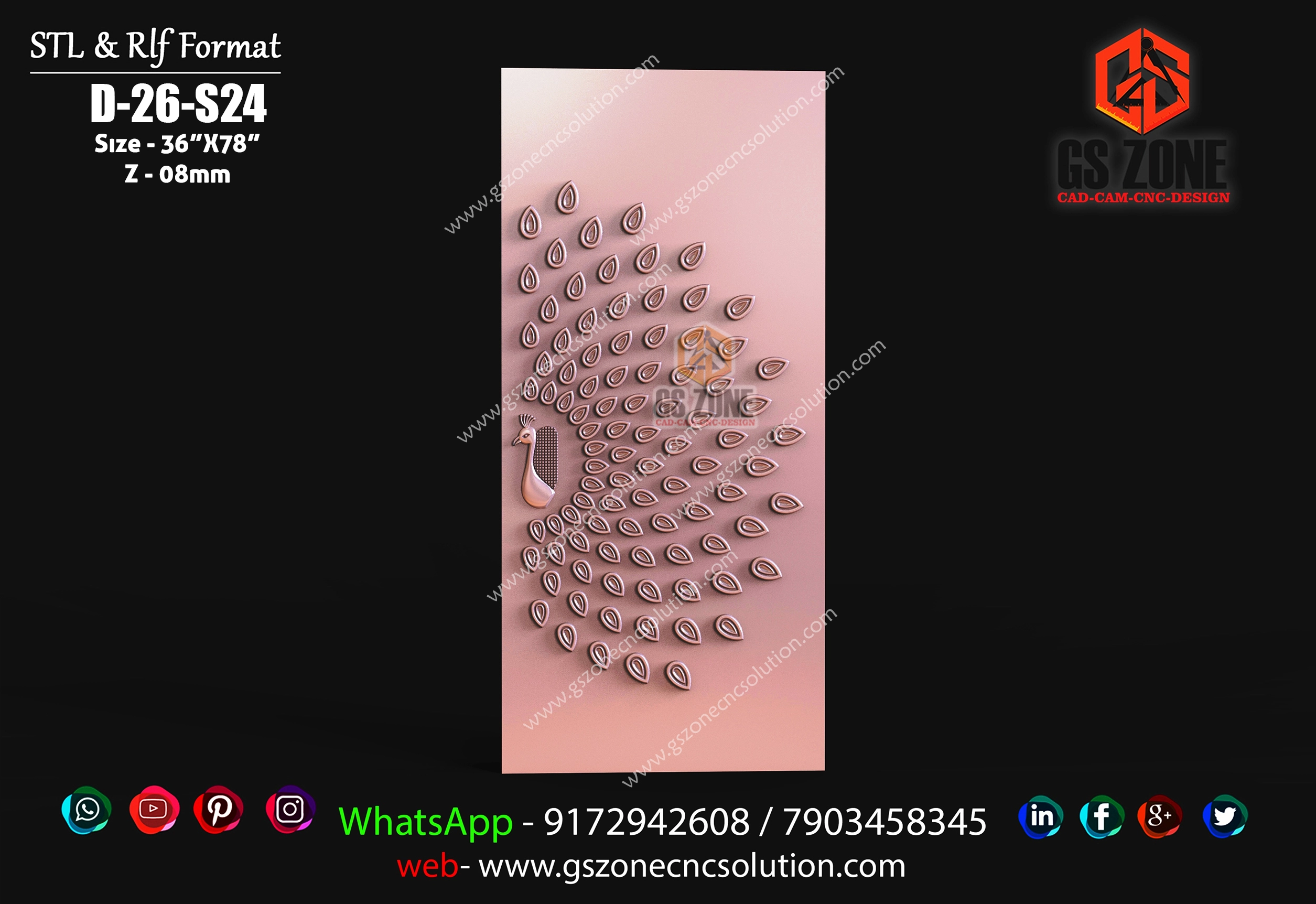 D-26-S24 | Elegant Peacock Feather 3D CNC Door Panel Design 